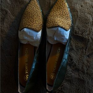 Tory Burch Gold and Green Loafers